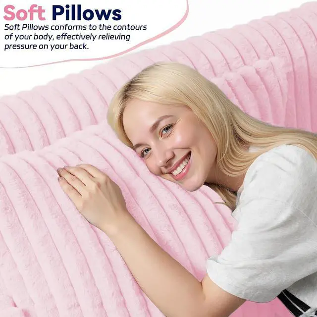 Alt view image 7 of 7 - 78" Loveseat Boneless Couch, 4-in-1 Convertible Sofa Bed, Plush Fur Folding Futon Sofa Bed Couches with 2 Pillows for Living Room, High-Density Foam Support, No Assembly Required, Pink