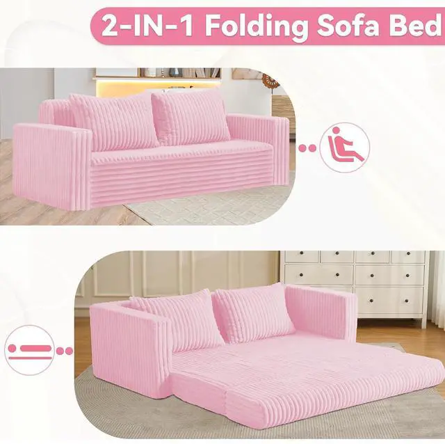 Alt view image 5 of 7 - 68" Loveseat Boneless Couch, 4-in-1 Convertible Sofa Bed, Plush Fur Folding Futon Sofa Bed Couches with 2 Pillows for Living Room, High-Density Foam Support, No Assembly Required, Pink