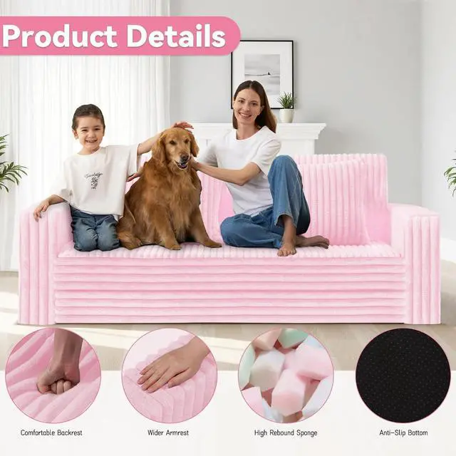Alt view image 4 of 7 - 68" Loveseat Boneless Couch, 4-in-1 Convertible Sofa Bed, Plush Fur Folding Futon Sofa Bed Couches with 2 Pillows for Living Room, High-Density Foam Support, No Assembly Required, Pink