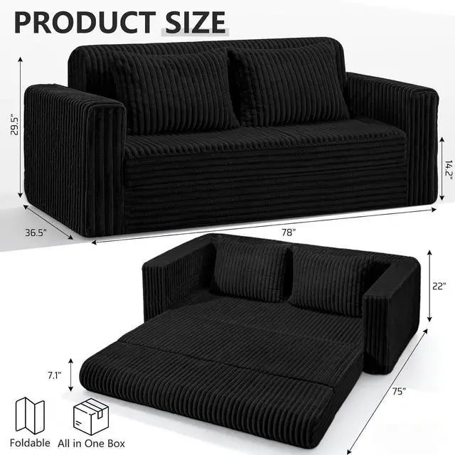 Alt view image 2 of 7 - 78" Loveseat Boneless Couch, 4-in-1 Convertible Sofa Bed, Plush Fur Folding Futon Sofa Bed Couches with 2 Pillows for Living Room, High-Density Foam Support, No Assembly Required, Black