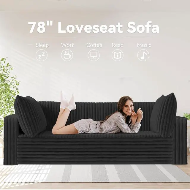 Alt view image 3 of 7 - 78" Loveseat Boneless Couch, 4-in-1 Convertible Sofa Bed, Plush Fur Folding Futon Sofa Bed Couches with 2 Pillows for Living Room, High-Density Foam Support, No Assembly Required, Black