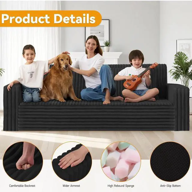Alt view image 4 of 7 - 78" Loveseat Boneless Couch, 4-in-1 Convertible Sofa Bed, Plush Fur Folding Futon Sofa Bed Couches with 2 Pillows for Living Room, High-Density Foam Support, No Assembly Required, Black