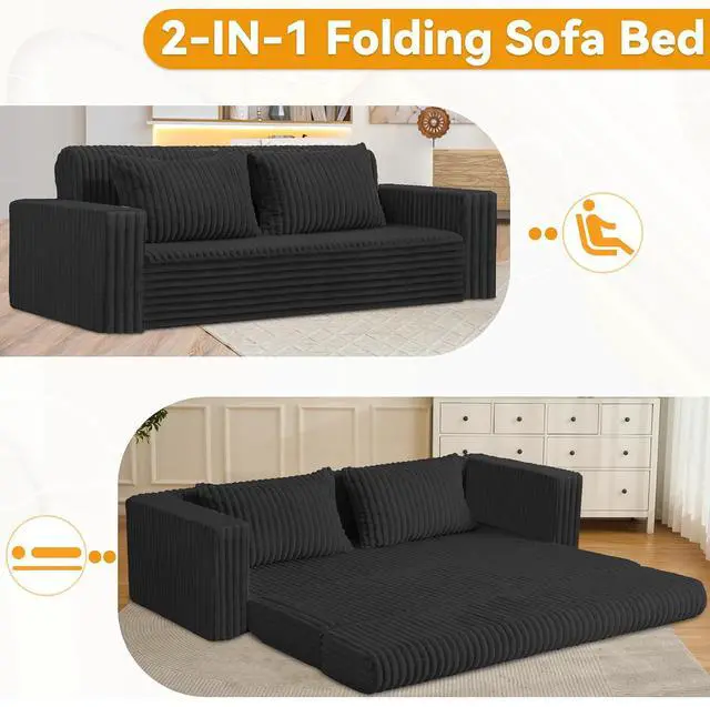Alt view image 5 of 7 - 78" Loveseat Boneless Couch, 4-in-1 Convertible Sofa Bed, Plush Fur Folding Futon Sofa Bed Couches with 2 Pillows for Living Room, High-Density Foam Support, No Assembly Required, Black