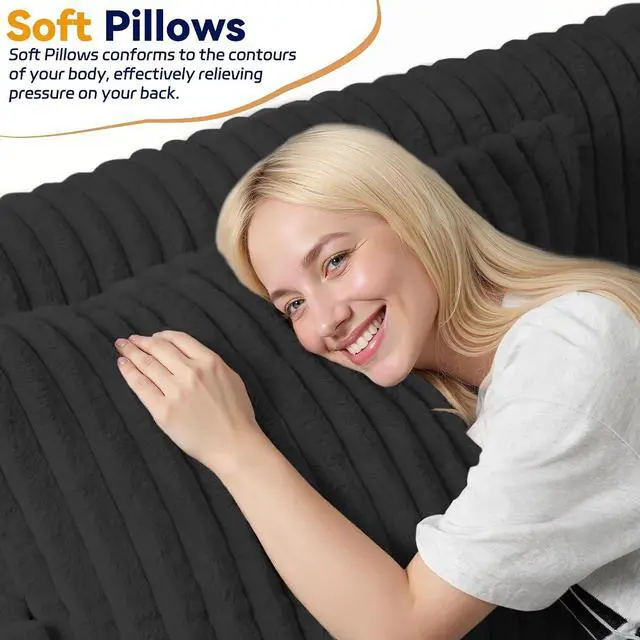 Alt view image 7 of 7 - 78" Loveseat Boneless Couch, 4-in-1 Convertible Sofa Bed, Plush Fur Folding Futon Sofa Bed Couches with 2 Pillows for Living Room, High-Density Foam Support, No Assembly Required, Black