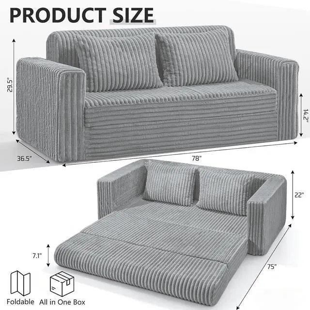 Alt view image 2 of 7 - 78" Loveseat Boneless Couch, 4-in-1 Convertible Sofa Bed, Plush Fur Folding Futon Sofa Bed Couches with 2 Pillows for Living Room, High-Density Foam Support, No Assembly Required, Light Grey