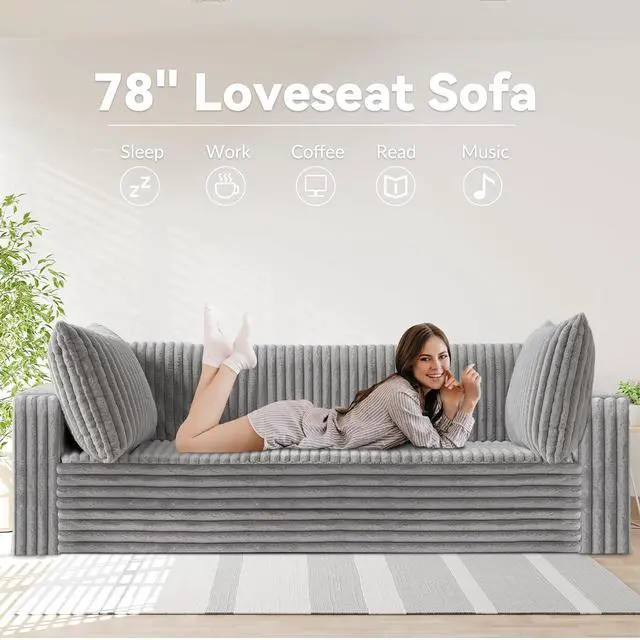 Alt view image 3 of 7 - 78" Loveseat Boneless Couch, 4-in-1 Convertible Sofa Bed, Plush Fur Folding Futon Sofa Bed Couches with 2 Pillows for Living Room, High-Density Foam Support, No Assembly Required, Light Grey