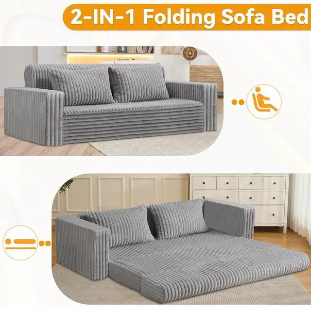 Alt view image 5 of 7 - 78" Loveseat Boneless Couch, 4-in-1 Convertible Sofa Bed, Plush Fur Folding Futon Sofa Bed Couches with 2 Pillows for Living Room, High-Density Foam Support, No Assembly Required, Light Grey