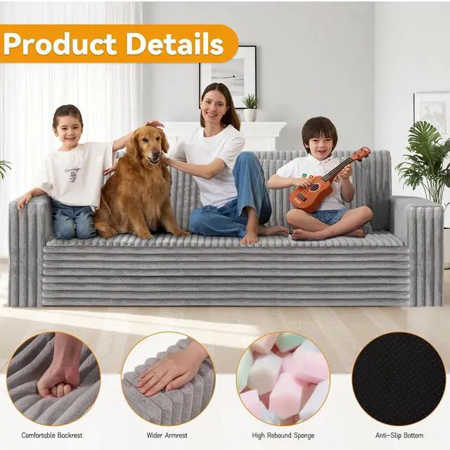 Alt view image 4 of 7 - 78" Loveseat Boneless Couch, 4-in-1 Convertible Sofa Bed, Plush Fur Folding Futon Sofa Bed Couches with 2 Pillows for Living Room, High-Density Foam Support, No Assembly Required, Light Grey