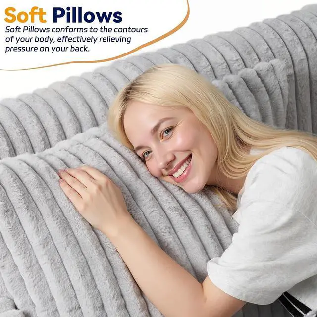 Alt view image 7 of 7 - 78" Loveseat Boneless Couch, 4-in-1 Convertible Sofa Bed, Plush Fur Folding Futon Sofa Bed Couches with 2 Pillows for Living Room, High-Density Foam Support, No Assembly Required, Light Grey