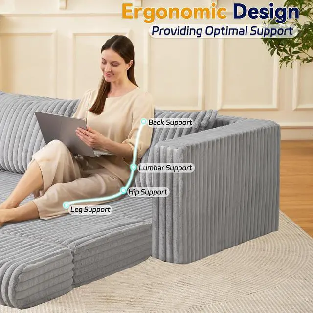 Alt view image 6 of 7 - 78" Loveseat Boneless Couch, 4-in-1 Convertible Sofa Bed, Plush Fur Folding Futon Sofa Bed Couches with 2 Pillows for Living Room, High-Density Foam Support, No Assembly Required, Light Grey