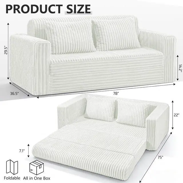 Alt view image 2 of 7 - 78" Loveseat Boneless Couch, 4-in-1 Convertible Sofa Bed, Plush Fur Folding Futon Sofa Bed Couches with 2 Pillows for Living Room, High-Density Foam Support, No Assembly Required, Beige