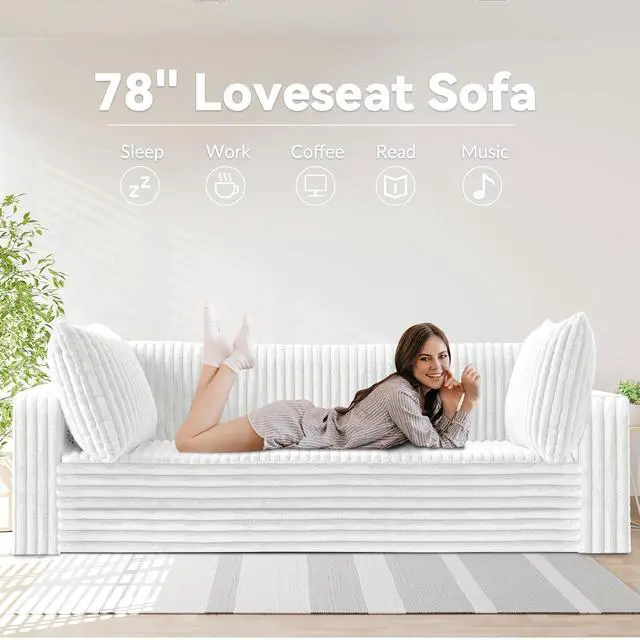 Alt view image 3 of 7 - 78" Loveseat Boneless Couch, 4-in-1 Convertible Sofa Bed, Plush Fur Folding Futon Sofa Bed Couches with 2 Pillows for Living Room, High-Density Foam Support, No Assembly Required, Beige