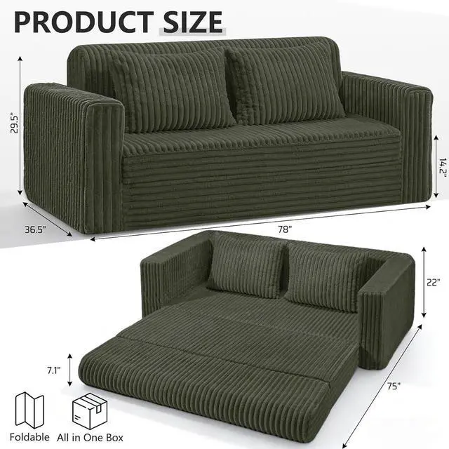 Alt view image 2 of 7 - 78" Loveseat Boneless Couch, 4-in-1 Convertible Sofa Bed, Plush Fur Folding Futon Sofa Bed Couches with 2 Pillows for Living Room, High-Density Foam Support, No Assembly Required, Green