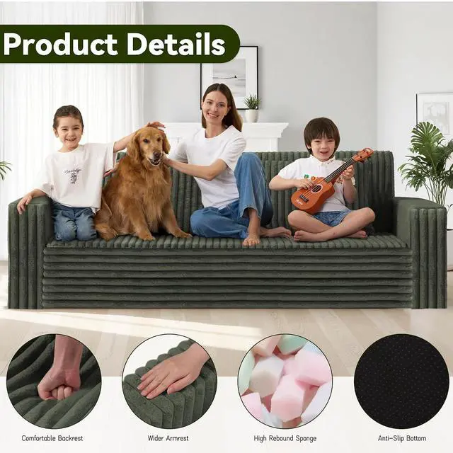 Alt view image 4 of 7 - 78" Loveseat Boneless Couch, 4-in-1 Convertible Sofa Bed, Plush Fur Folding Futon Sofa Bed Couches with 2 Pillows for Living Room, High-Density Foam Support, No Assembly Required, Green