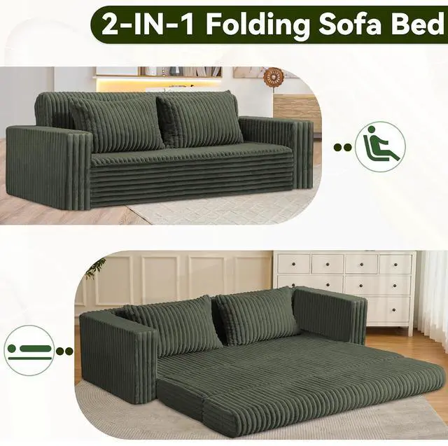 Alt view image 5 of 7 - 78" Loveseat Boneless Couch, 4-in-1 Convertible Sofa Bed, Plush Fur Folding Futon Sofa Bed Couches with 2 Pillows for Living Room, High-Density Foam Support, No Assembly Required, Green