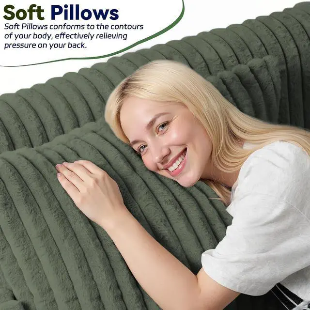 Alt view image 7 of 7 - 78" Loveseat Boneless Couch, 4-in-1 Convertible Sofa Bed, Plush Fur Folding Futon Sofa Bed Couches with 2 Pillows for Living Room, High-Density Foam Support, No Assembly Required, Green