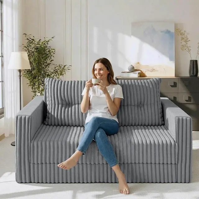 Alt view image 2 of 7 - 49.8" Loveseat Boneless Couch, 4-in-1 Convertible Sofa Bed, Plush Fur Folding Futon Sofa Bed Couches with a Pillow for Living Room, High-Density Foam Support, No Assembly Required, Light Grey