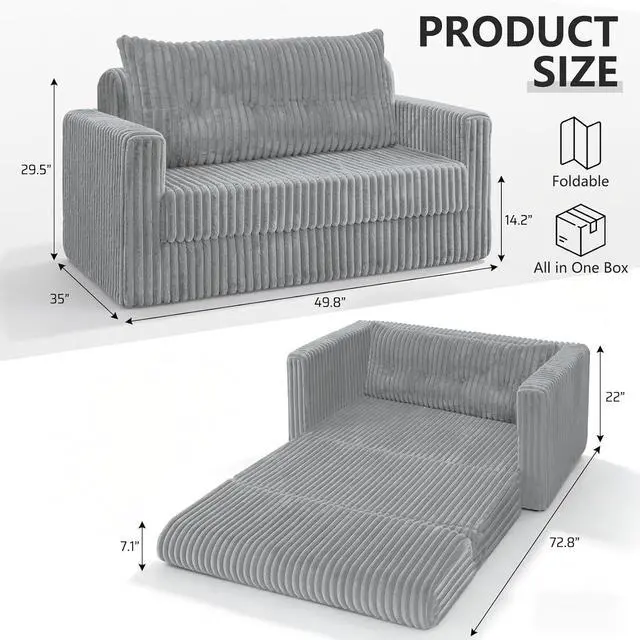 Alt view image 3 of 7 - 49.8" Loveseat Boneless Couch, 4-in-1 Convertible Sofa Bed, Plush Fur Folding Futon Sofa Bed Couches with a Pillow for Living Room, High-Density Foam Support, No Assembly Required, Light Grey