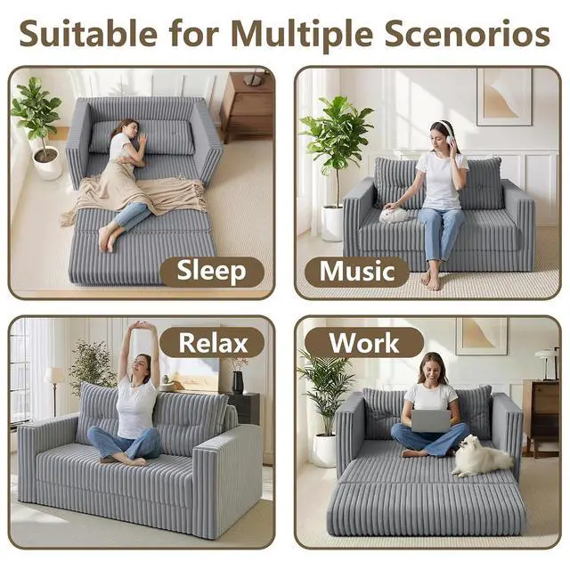Alt view image 4 of 7 - 49.8" Loveseat Boneless Couch, 4-in-1 Convertible Sofa Bed, Plush Fur Folding Futon Sofa Bed Couches with a Pillow for Living Room, High-Density Foam Support, No Assembly Required, Light Grey