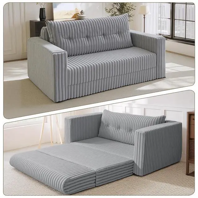 Alt view image 5 of 7 - 49.8" Loveseat Boneless Couch, 4-in-1 Convertible Sofa Bed, Plush Fur Folding Futon Sofa Bed Couches with a Pillow for Living Room, High-Density Foam Support, No Assembly Required, Light Grey