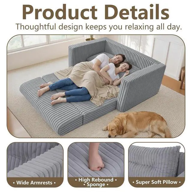 Alt view image 6 of 7 - 49.8" Loveseat Boneless Couch, 4-in-1 Convertible Sofa Bed, Plush Fur Folding Futon Sofa Bed Couches with a Pillow for Living Room, High-Density Foam Support, No Assembly Required, Light Grey