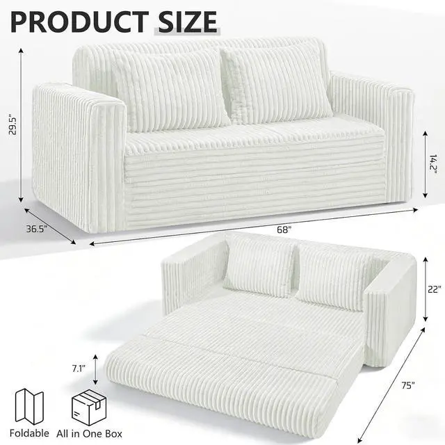 Alt view image 2 of 7 - 68" Loveseat Boneless Couch, 4-in-1 Convertible Sofa Bed, Plush Fur Folding Futon Sofa Bed Couches with 2 Pillows for Living Room, High-Density Foam Support, No Assembly Required, Beige