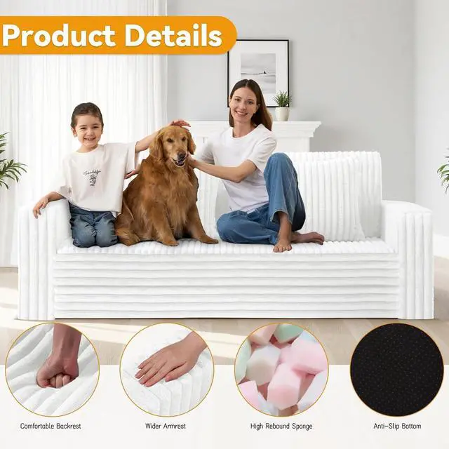 Alt view image 4 of 7 - 68" Loveseat Boneless Couch, 4-in-1 Convertible Sofa Bed, Plush Fur Folding Futon Sofa Bed Couches with 2 Pillows for Living Room, High-Density Foam Support, No Assembly Required, Beige