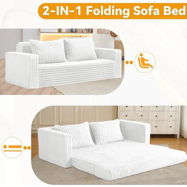Alt view image 5 of 7 - 68" Loveseat Boneless Couch, 4-in-1 Convertible Sofa Bed, Plush Fur Folding Futon Sofa Bed Couches with 2 Pillows for Living Room, High-Density Foam Support, No Assembly Required, Beige
