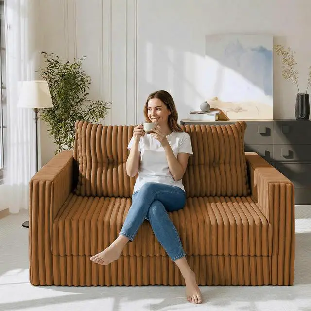 Alt view image 2 of 7 - 41.3" Loveseat Boneless Couch, 4-in-1 Convertible Sofa Bed, Plush Fur Folding Futon Sofa Bed Couches with a Pillow for Living Room, High-Density Foam Support, No Assembly Required, Orange