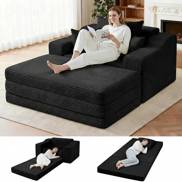 Main image of 63.5" Oversized Chaise Lounge Chair Indoor, Convertible Boneless Sofa Bed with Ottoman, Comfy Cloud Couch with 3 Pillows, Corduroy Deep Seat Sleeper Chair for Living Room, No Assembly, Black