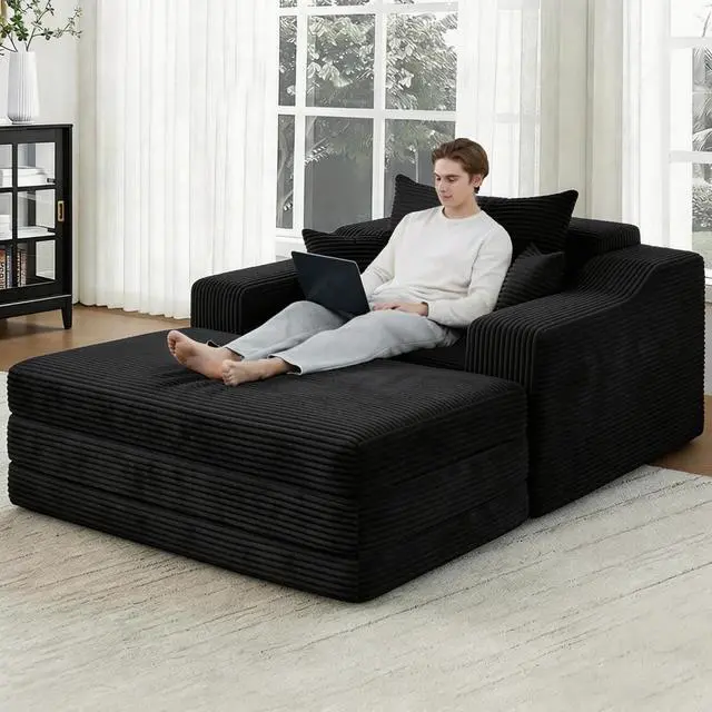 Alt view image 2 of 7 - 63.5" Oversized Chaise Lounge Chair Indoor, Convertible Boneless Sofa Bed with Ottoman, Comfy Cloud Couch with 3 Pillows, Corduroy Deep Seat Sleeper Chair for Living Room, No Assembly, Black