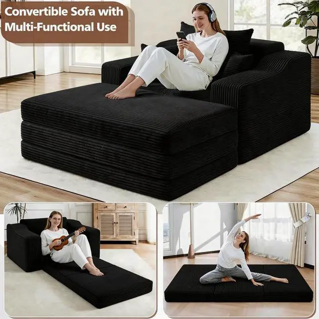 Alt view image 4 of 7 - 63.5" Oversized Chaise Lounge Chair Indoor, Convertible Boneless Sofa Bed with Ottoman, Comfy Cloud Couch with 3 Pillows, Corduroy Deep Seat Sleeper Chair for Living Room, No Assembly, Black