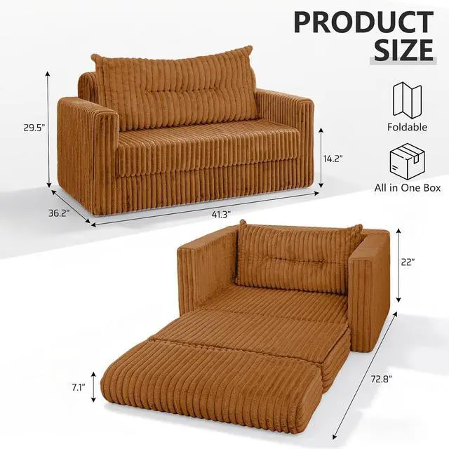 Alt view image 3 of 7 - 41.3" Loveseat Boneless Couch, 4-in-1 Convertible Sofa Bed, Plush Fur Folding Futon Sofa Bed Couches with a Pillow for Living Room, High-Density Foam Support, No Assembly Required, Orange
