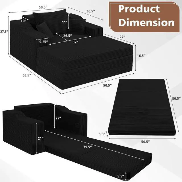 Alt view image 3 of 7 - 63.5" Oversized Chaise Lounge Chair Indoor, Convertible Boneless Sofa Bed with Ottoman, Comfy Cloud Couch with 3 Pillows, Corduroy Deep Seat Sleeper Chair for Living Room, No Assembly, Black
