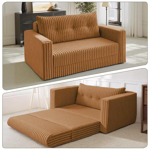 Alt view image 5 of 7 - 41.3" Loveseat Boneless Couch, 4-in-1 Convertible Sofa Bed, Plush Fur Folding Futon Sofa Bed Couches with a Pillow for Living Room, High-Density Foam Support, No Assembly Required, Orange