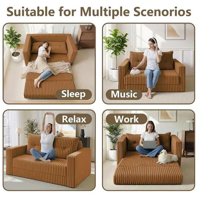 Alt view image 4 of 7 - 41.3" Loveseat Boneless Couch, 4-in-1 Convertible Sofa Bed, Plush Fur Folding Futon Sofa Bed Couches with a Pillow for Living Room, High-Density Foam Support, No Assembly Required, Orange