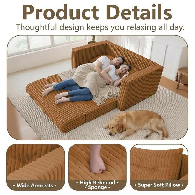Alt view image 6 of 7 - 41.3" Loveseat Boneless Couch, 4-in-1 Convertible Sofa Bed, Plush Fur Folding Futon Sofa Bed Couches with a Pillow for Living Room, High-Density Foam Support, No Assembly Required, Orange