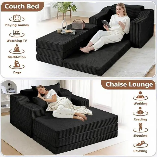 Alt view image 6 of 7 - 63.5" Oversized Chaise Lounge Chair Indoor, Convertible Boneless Sofa Bed with Ottoman, Comfy Cloud Couch with 3 Pillows, Corduroy Deep Seat Sleeper Chair for Living Room, No Assembly, Black
