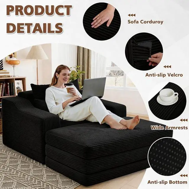 Alt view image 7 of 7 - 63.5" Oversized Chaise Lounge Chair Indoor, Convertible Boneless Sofa Bed with Ottoman, Comfy Cloud Couch with 3 Pillows, Corduroy Deep Seat Sleeper Chair for Living Room, No Assembly, Black