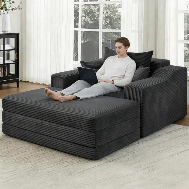 Alt view image 2 of 7 - 63.5" Oversized Chaise Lounge Chair Indoor, Convertible Boneless Sofa Bed with Ottoman, Comfy Cloud Couch with 3 Pillows, Corduroy Deep Seat Sleeper Chair for Living Room, No Assembly, Grey