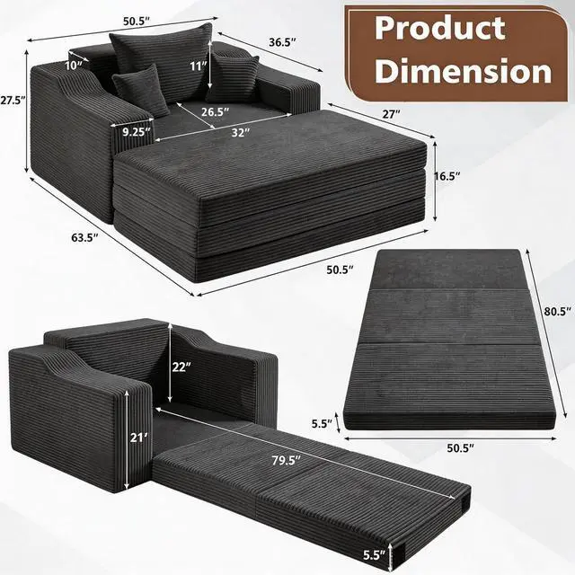 Alt view image 3 of 7 - 63.5" Oversized Chaise Lounge Chair Indoor, Convertible Boneless Sofa Bed with Ottoman, Comfy Cloud Couch with 3 Pillows, Corduroy Deep Seat Sleeper Chair for Living Room, No Assembly, Grey