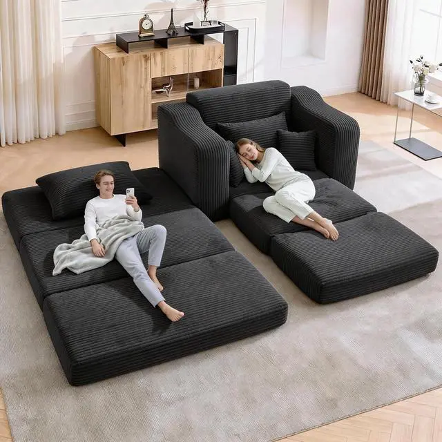 Alt view image 5 of 7 - 63.5" Oversized Chaise Lounge Chair Indoor, Convertible Boneless Sofa Bed with Ottoman, Comfy Cloud Couch with 3 Pillows, Corduroy Deep Seat Sleeper Chair for Living Room, No Assembly, Grey