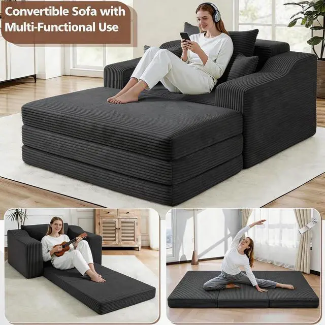 Alt view image 4 of 7 - 63.5" Oversized Chaise Lounge Chair Indoor, Convertible Boneless Sofa Bed with Ottoman, Comfy Cloud Couch with 3 Pillows, Corduroy Deep Seat Sleeper Chair for Living Room, No Assembly, Grey