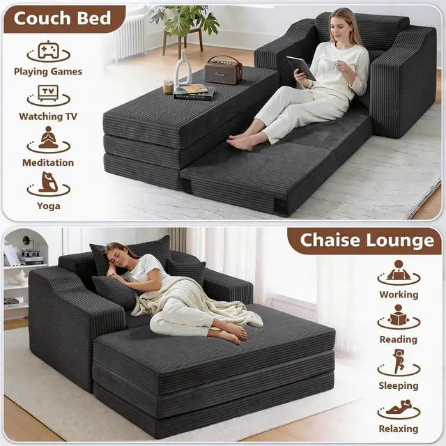 Alt view image 6 of 7 - 63.5" Oversized Chaise Lounge Chair Indoor, Convertible Boneless Sofa Bed with Ottoman, Comfy Cloud Couch with 3 Pillows, Corduroy Deep Seat Sleeper Chair for Living Room, No Assembly, Grey