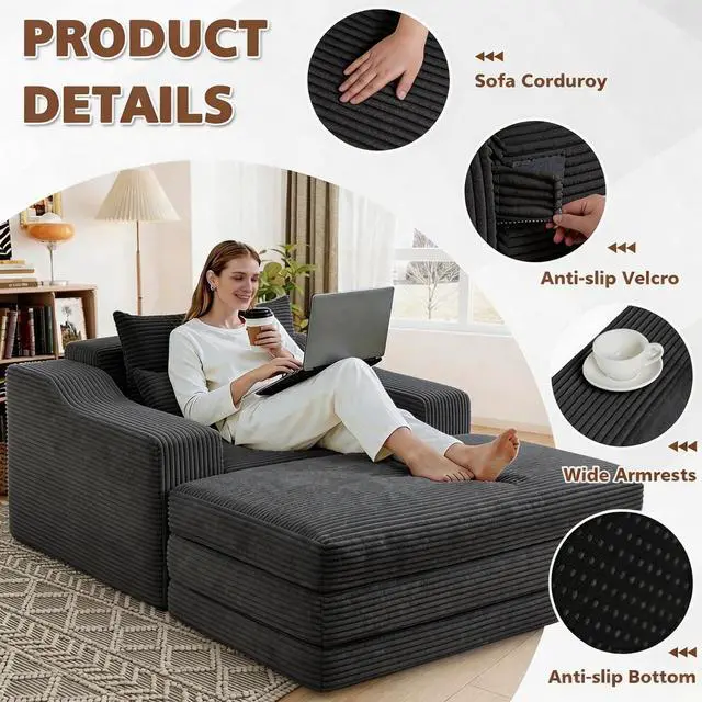 Alt view image 7 of 7 - 63.5" Oversized Chaise Lounge Chair Indoor, Convertible Boneless Sofa Bed with Ottoman, Comfy Cloud Couch with 3 Pillows, Corduroy Deep Seat Sleeper Chair for Living Room, No Assembly, Grey