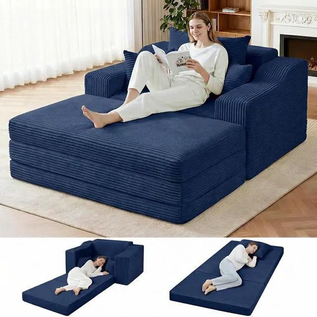 Main image of 63.5" Oversized Chaise Lounge Chair Indoor, Convertible Boneless Sofa Bed with Ottoman, Comfy Cloud Couch with 3 Pillows, Corduroy Deep Seat Sleeper Chair for Living Room, No Assembly, Blue