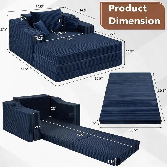 Alt view image 3 of 7 - 63.5" Oversized Chaise Lounge Chair Indoor, Convertible Boneless Sofa Bed with Ottoman, Comfy Cloud Couch with 3 Pillows, Corduroy Deep Seat Sleeper Chair for Living Room, No Assembly, Blue