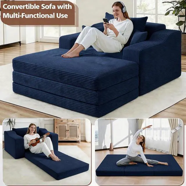 Alt view image 4 of 7 - 63.5" Oversized Chaise Lounge Chair Indoor, Convertible Boneless Sofa Bed with Ottoman, Comfy Cloud Couch with 3 Pillows, Corduroy Deep Seat Sleeper Chair for Living Room, No Assembly, Blue