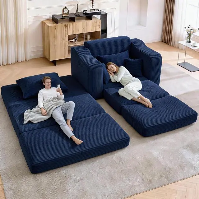 Alt view image 5 of 7 - 63.5" Oversized Chaise Lounge Chair Indoor, Convertible Boneless Sofa Bed with Ottoman, Comfy Cloud Couch with 3 Pillows, Corduroy Deep Seat Sleeper Chair for Living Room, No Assembly, Blue