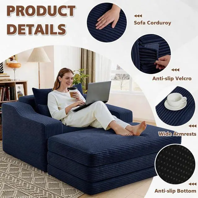Alt view image 7 of 7 - 63.5" Oversized Chaise Lounge Chair Indoor, Convertible Boneless Sofa Bed with Ottoman, Comfy Cloud Couch with 3 Pillows, Corduroy Deep Seat Sleeper Chair for Living Room, No Assembly, Blue